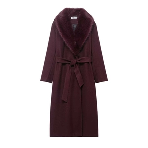 Women Elegant Long Woolen Overcoat With Faux Fur Collar And Waist Belt Single Breasted Slim Fit Solid Color Wine Red Outerwear