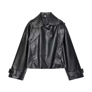 Short faux leather moto jacket with wide lapels and adjustable cuffs on white background