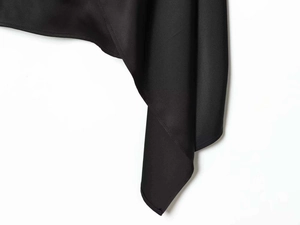 Close-up of black satin long sleeve shirt showing fine stitching and smooth fabric drape