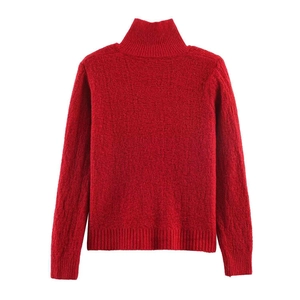 Detailed back view of red turtleneck knitted sweater with ribbed cuffs and soft texture