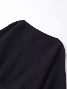 Detailaufnahme von Ausschnitt und Schulter des schwarzen Strickpullovers mit Puffärmeln