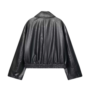 Detailed back view of a black faux leather biker jacket with elastic hem and classic lapel