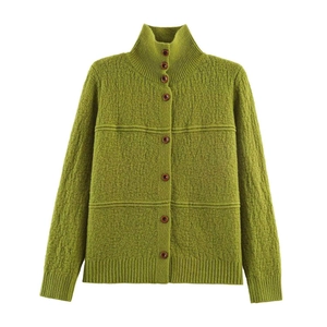 Close-up of grass green knit cardigan featuring high neck and textured button detail