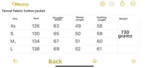 Detailed size chart for quilted jacket including chest, shoulder, and sleeve measurements