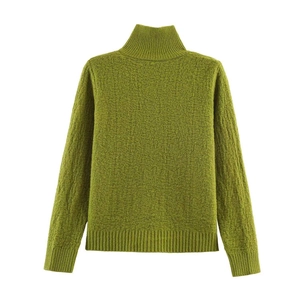 Detailed view of moss green stand-up collar cardigan sweater with ribbed texture