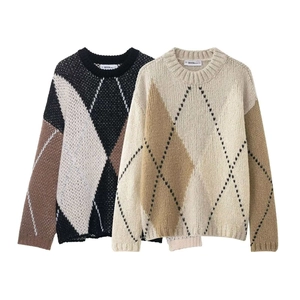 Pull en Tricot Rétro Argyle Couleur Contraste pour Femmes Pull Décontracté Col Rond Manches Longues Automne