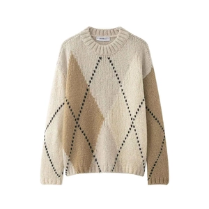 Pull en maille à motif Argyle vintage avec col rond et coupe ample aux tons neutres