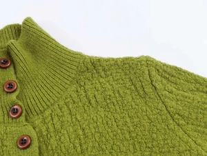 Detail of green knit sweater with a high neck and four brown decorative buttons