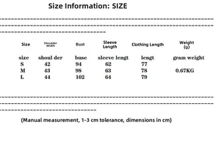 Detailed size chart for black and white double-breasted blazer dress with cm measurements