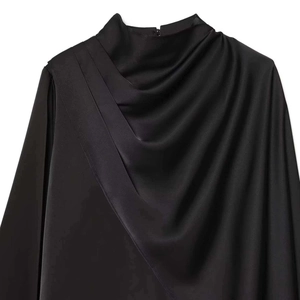 Elegant black satin high neck blouse with draped pleats and long sleeves for women