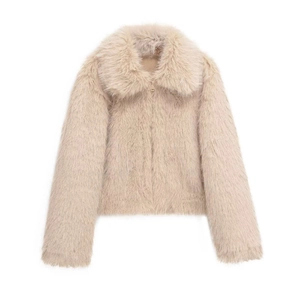 Women Faux Fur Short Jacket Elegant Solid Apricot Plush Coat Lapel Long Sleeve Winter Warm Outwear With Zipper Closure