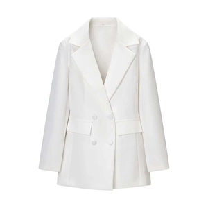 Elegant white double-breasted blazer dress with classic lapels and a tailored waist for women