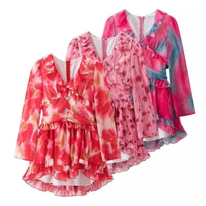 Elegant V Neck Ruffle Long Sleeve Floral Print Mini Dress Women Fashion Tie Dye Chiffon A Line Short Dress Rhinestone Buttons