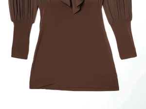 Detail of dark brown dress with scarf collar and pleated sleeves on white background