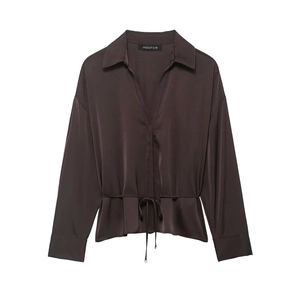 Chemisier Élégant en Satin à Manches Longues Col en V pour Femme avec Taille à Cordon Ajustable Couleur Café Unie