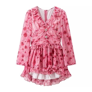 Pink floral chiffon V-neck dress with ruffle trim and high-low tiered hemline
