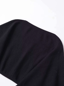 Detailaufnahme des Rundhalsausschnitts und der weichen Strickstruktur dieser schwarzen Strickjacke