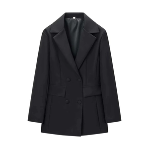Classic black double-breasted blazer dress with slim-fit tailoring and flap pockets