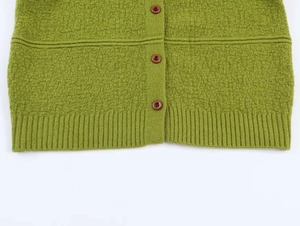 Detail of green knit cardigan hem featuring dark brown buttons and ribbed edge texture