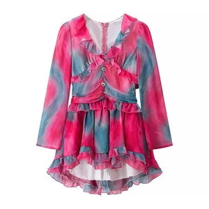 Women's V-neck ruffle dress with pink and blue tie-dye floral print and tiered hem