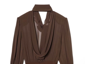 Detail of deep brown chiffon top featuring long sleeves and an elegant cowl neck back design