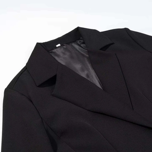Detail of the notched lapel and high-quality stitching on this black tailored blazer dress