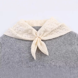 Women's knit hooded jacket in grey featuring an elegant cream crocheted bow shawl