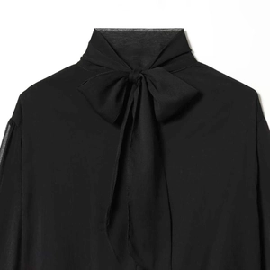 Elegant black pussy-bow chiffon shirt featuring pleated details and a semi-sheer finish
