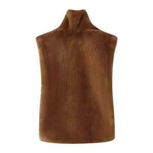 Detail of dark brown faux fur high neck vest showing soft plush texture and warmth