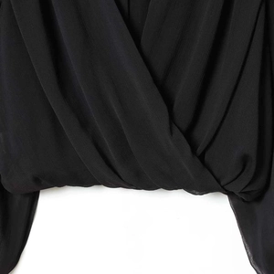 Women's black pleated sheer wrap shirt with lightweight textured chiffon fabric