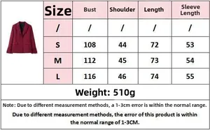 Detailed size chart for burgundy blazer with fringe sleeves showing S M L dimensions