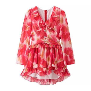 Floral print long sleeve V-neck dress with layered ruffles and sparkling rhinestone buttons