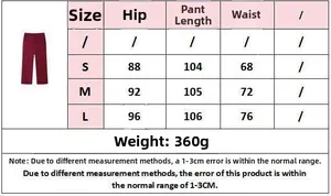 Size chart for stylish burgundy tassel sleeve trousers set, measuring S, M, and L dimensions