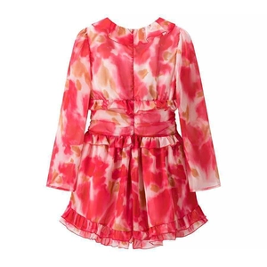 Detail of ruffle neckline and red floral print on this lightweight chiffon dress