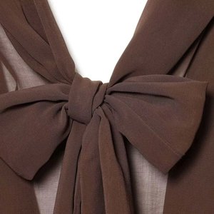 Short dress with scarf collar and large dark brown bow in lightweight chiffon fabric