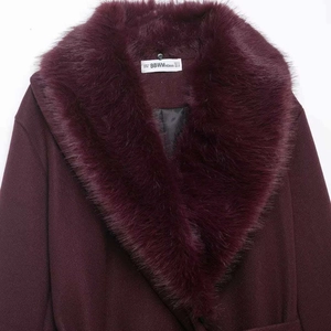 Elegant wine red wool coat with luxurious faux fur collar and matching belt for women