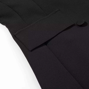 Detail of flap pocket and premium stitching on black double-breasted blazer dress