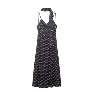 Robe Maxi Cami en Satin à Pois Noir Vintage Avec Écharpe Col en V Plissé Bretelles Spaghetti Robe Longue Femme Été