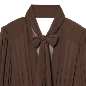 Deep brown chiffon mini dress featuring pussy-bow V-neckline and elegant long sleeves