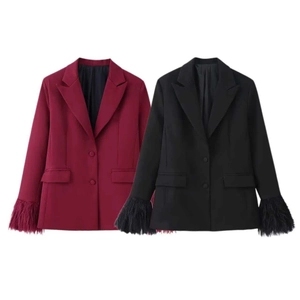 Chic women's blazers in burgundy and black with fashionable feather fringe sleeves