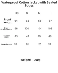 Size chart for waterproof winter jacket including chest width and sleeve length measurements
