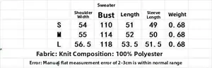 Detailed size chart for beige cable knit high neck sweater with fabric specifications