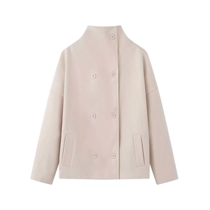 Manteau court en laine à double boutonnage et col montant minimaliste pour femmes