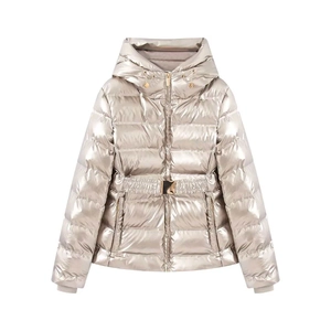 Metallic champagne gold hooded puffer jacket with cinched waist and drawstring hood