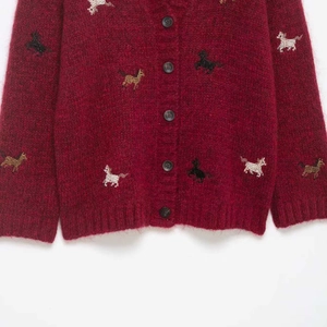 Vintage burgundy mohair knit cardigan with colorful horse embroidery and button closure