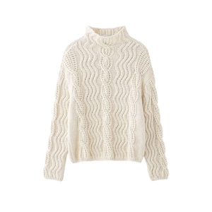 Women's Casual Mock Neck Cable Knit Sweater Loose Fit Cream Beige Long Sleeve Pullover Soft Warm Knitting Jumper Top