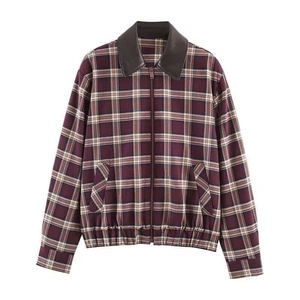 Vintage plaid bomber jacket with contrast leather collar and zip front in dark purple