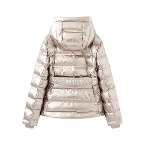 Women's chic champagne metallic puffer jacket with hooded design and cinched waist