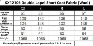 Size guide table for double-breasted wool jacket showing measurements from XS to L