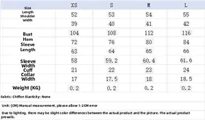 Size chart table for sheer bow-tie blouse showing measurements from XS to L in centimeters
